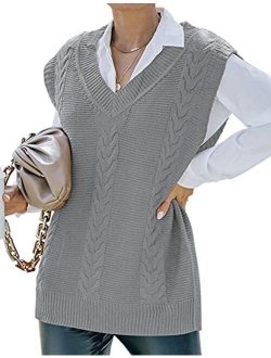 Yeokou Womens Sweater Vest Y2k Casual Sleeveless V Neck Cable Knit Vest Tops