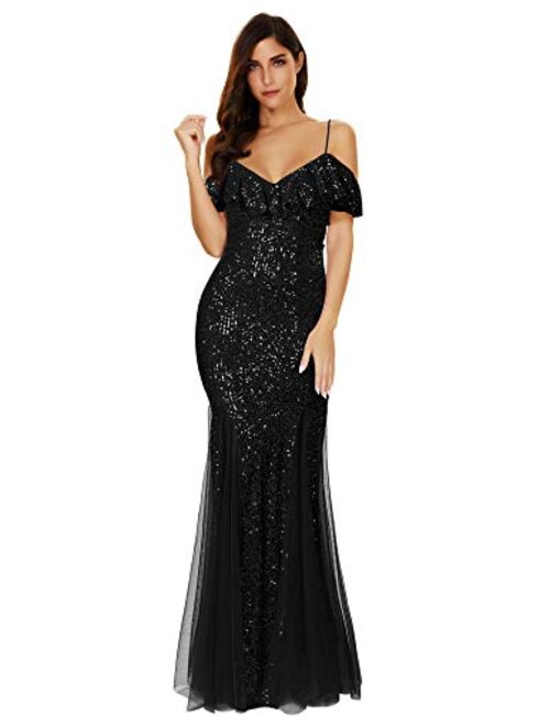 Meilun Women's Straps Sequins Glitter Ruffled Mesh Maxi Gown Evening Long Prom Dress