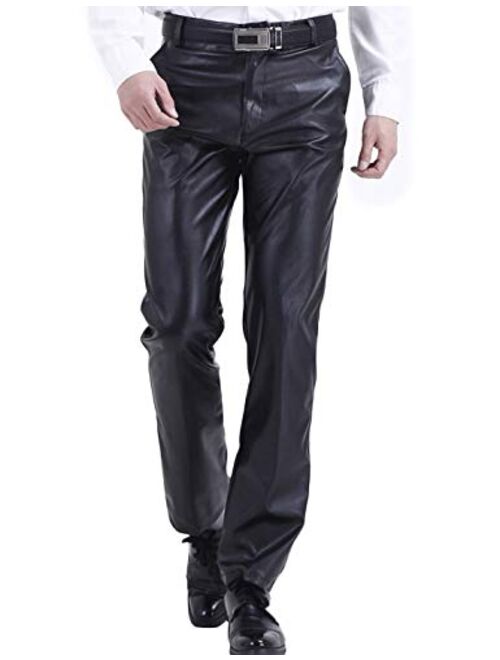 Yeokou Mens Business Casual High Waist Straight Leg PU Faux Leather Biker Pants