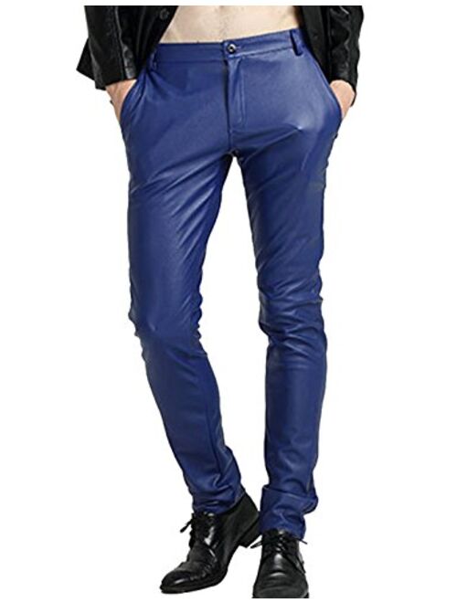 Yeokou Men's Punk Skinny Slim-Tapered Moto Straight Leg PU Faux Leather Pants