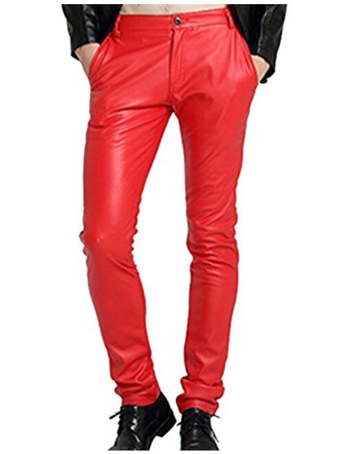 Yeokou Men's Punk Skinny Slim-Tapered Moto Straight Leg PU Faux Leather Pants