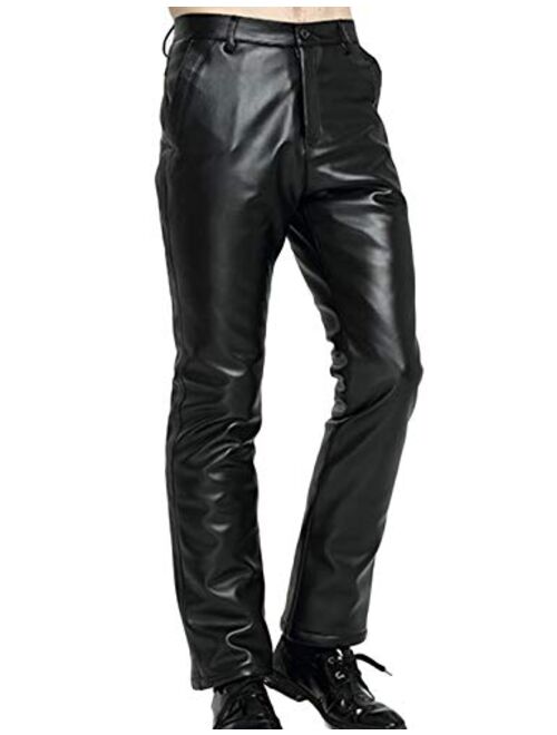 Yeokou Men's Winter Thick Straight Fit Sherpa Lined PU Faux Leather Biker Pants