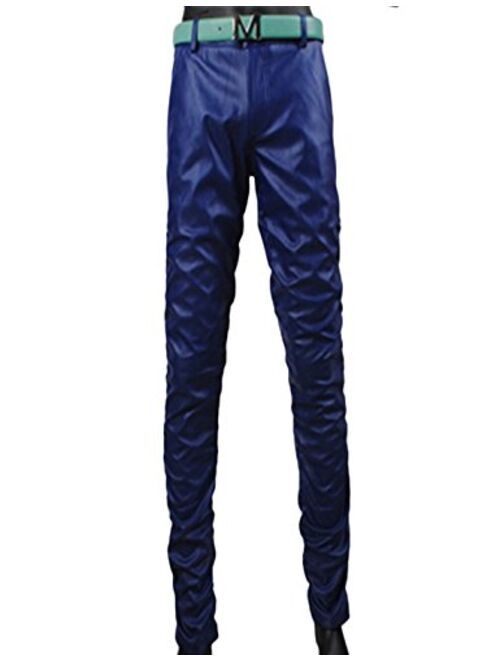 Yeokou Mens Clubwear Cosplay Thin Straight Fit Stretch Moto PU Faux Leather Pants