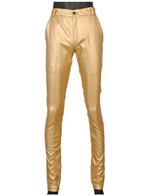 Yeokou Mens Clubwear Cosplay Thin Straight Fit Stretch Moto PU Faux Leather Pants