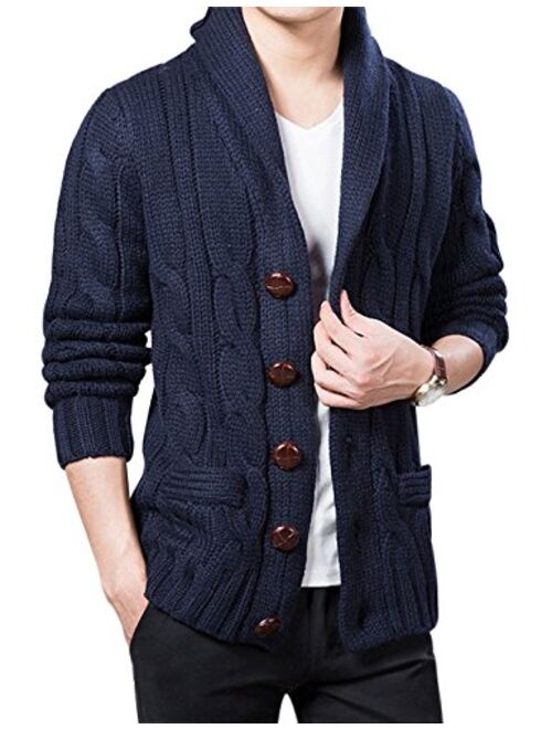 Yeokou Men's Casual Slim Thick Knitted Shawl Collar Cardigan Sweaters Pockets