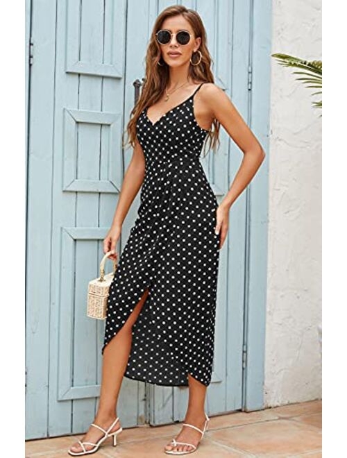 CMZ2005 Women's Spaghetti Straps Polka Dots Maxi Dresses Sexy Deep V Neck Sleeveless Backless Party Dress 71740