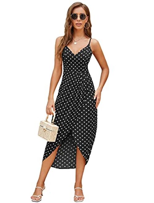 CMZ2005 Women's Spaghetti Straps Polka Dots Maxi Dresses Sexy Deep V Neck Sleeveless Backless Party Dress 71740