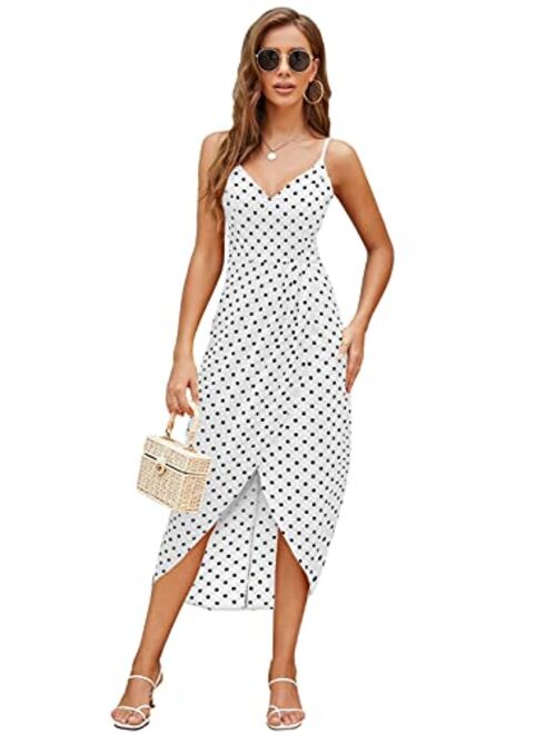 CMZ2005 Women's Spaghetti Straps Polka Dots Maxi Dresses Sexy Deep V Neck Sleeveless Backless Party Dress 71740