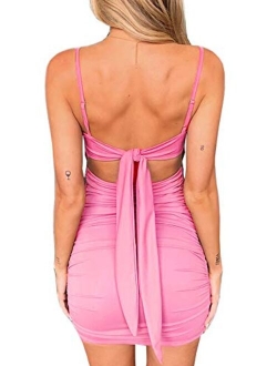 Just Quella Women Adjustable Straps Mustard Mini Bodycon Dress Sleeveless Sexy Backless Long Tie Up on Back Party Dress