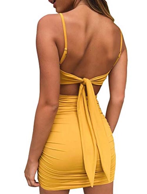 Just Quella Women Adjustable Straps Mustard Mini Bodycon Dress Sleeveless Sexy Backless Long Tie Up on Back Party Dress