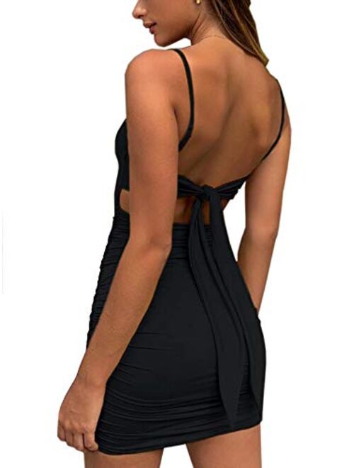 Just Quella Women Adjustable Straps Mustard Mini Bodycon Dress Sleeveless Sexy Backless Long Tie Up on Back Party Dress