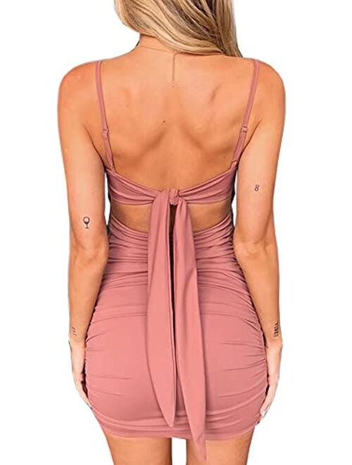 Just Quella Women Adjustable Straps Mustard Mini Bodycon Dress Sleeveless Sexy Backless Long Tie Up on Back Party Dress