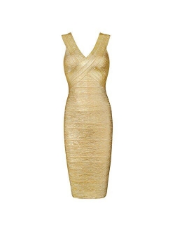 HLBandage Metallic Foil Print Sleeveless V Neck Party Bandage Dress