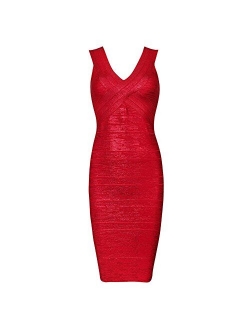 HLBandage Metallic Foil Print Sleeveless V Neck Party Bandage Dress