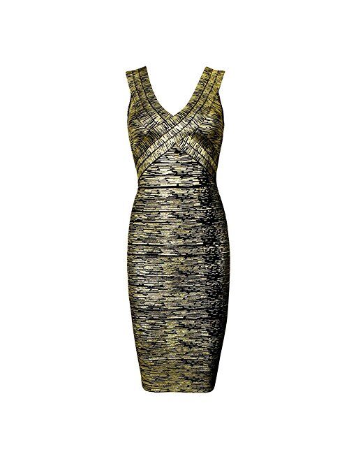 HLBandage Metallic Foil Print Sleeveless V Neck Party Bandage Dress