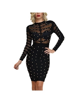 HLBandage Long Sleeve Mesh Beaded Knee Length Rayon Bandage Dress