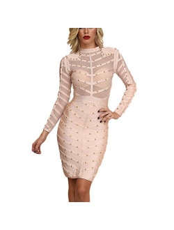 HLBandage Long Sleeve Mesh Beaded Knee Length Rayon Bandage Dress