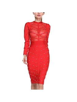 HLBandage Long Sleeve Mesh Beaded Knee Length Rayon Bandage Dress