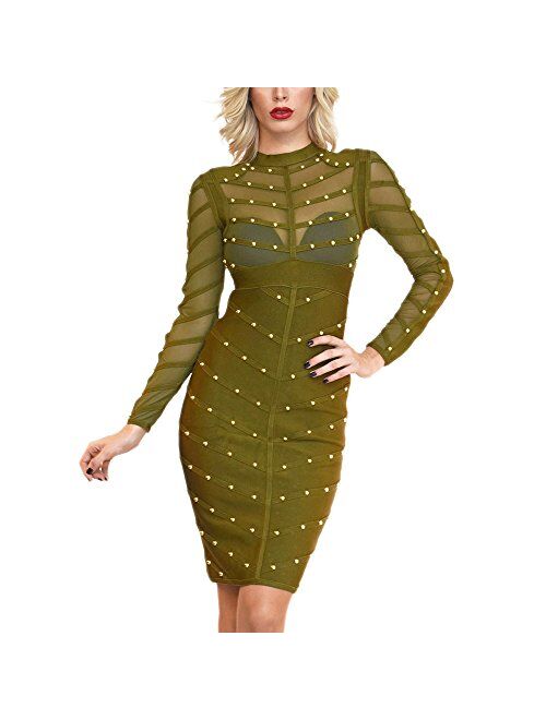 HLBandage Long Sleeve Mesh Beaded Knee Length Rayon Bandage Dress