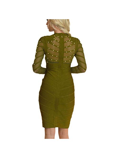 HLBandage Long Sleeve Mesh Beaded Knee Length Rayon Bandage Dress