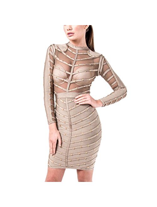 HLBandage Long Sleeve Mesh Beaded Knee Length Rayon Bandage Dress