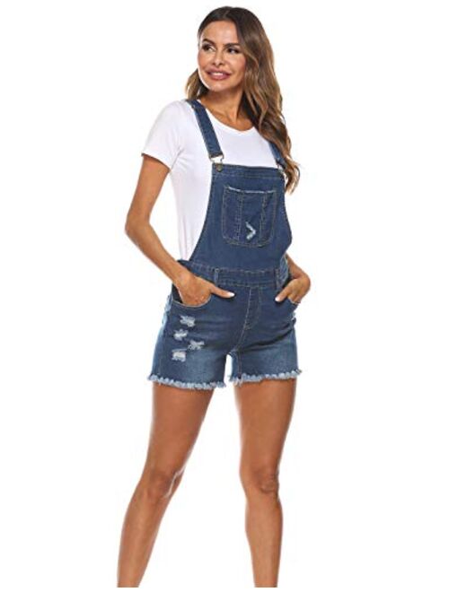 Yeokou Women's Casual Adjustable Strap Frayed Hem Curling Denim Bib Overall Shorts