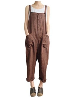 Yeokou Women's Wide Leg Baggy Cotton Button Jumpsuit Rompers Overalls Harem Pants