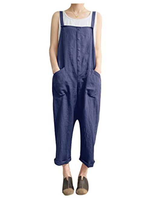 Yeokou Women's Wide Leg Baggy Cotton Button Jumpsuit Rompers Overalls Harem Pants