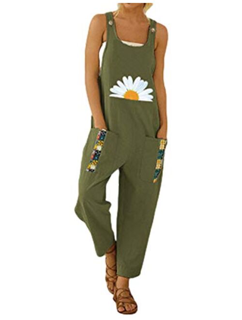 Yeokou Women's Fashion Cotton Linen Sunflower Cute Bib Overalls Jumpsuit