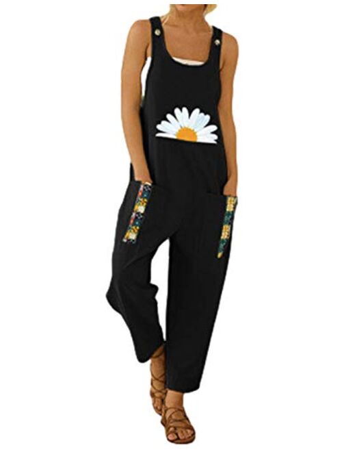 Yeokou Women's Fashion Cotton Linen Sunflower Cute Bib Overalls Jumpsuit