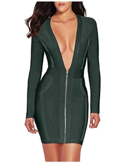 meilun Womens Deep V Front Bandage Bodycon Dress Long Sleeve Party Dress