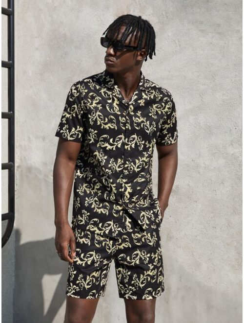 SHEIN Men Revere Collar Baroque Shirt and Shorts Set