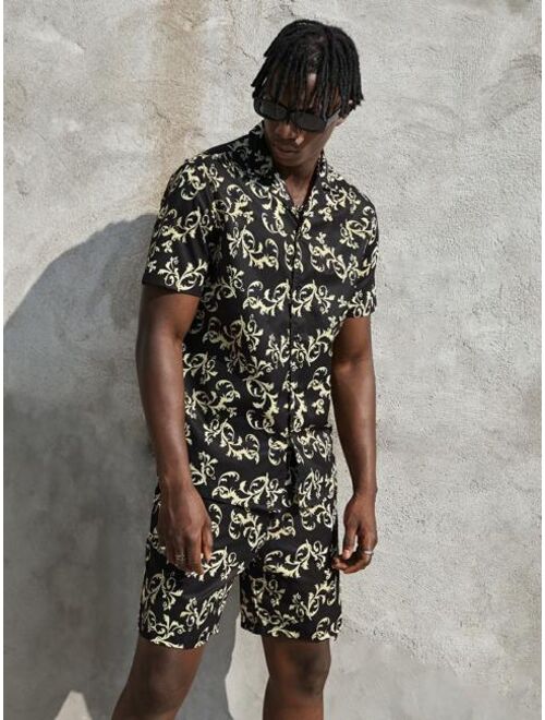 SHEIN Men Revere Collar Baroque Shirt and Shorts Set