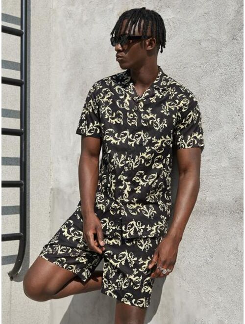 SHEIN Men Revere Collar Baroque Shirt and Shorts Set