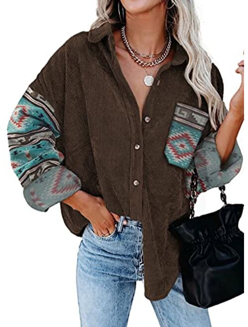 Sidefeel Womens Corduroy Plaid Long Sleeve Shirts Button Down Oversized Blouses Top