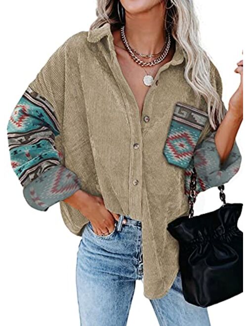 Sidefeel Womens Corduroy Plaid Long Sleeve Shirts Button Down Oversized Blouses Top