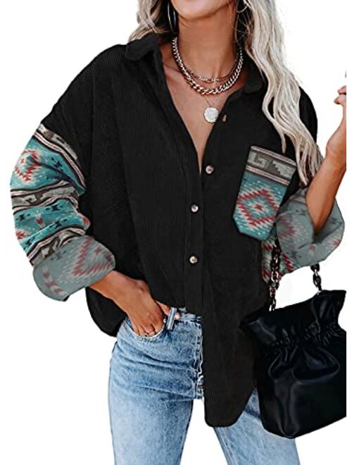 Sidefeel Womens Corduroy Plaid Long Sleeve Shirts Button Down Oversized Blouses Top