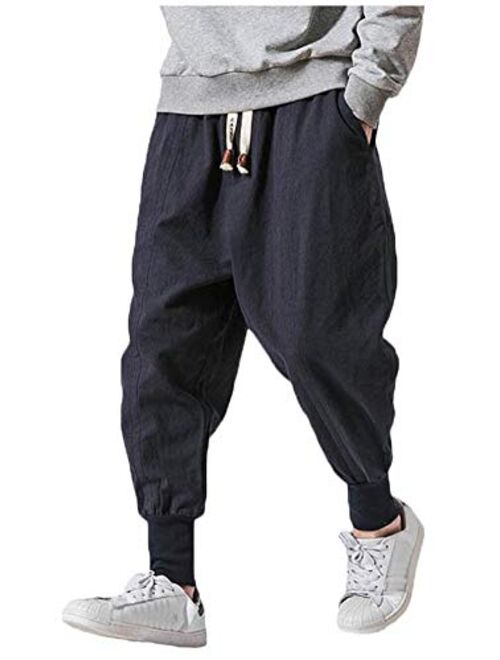 LifeHe Men Linen Drop Crotch Wide Leg Baggy Harem Pants