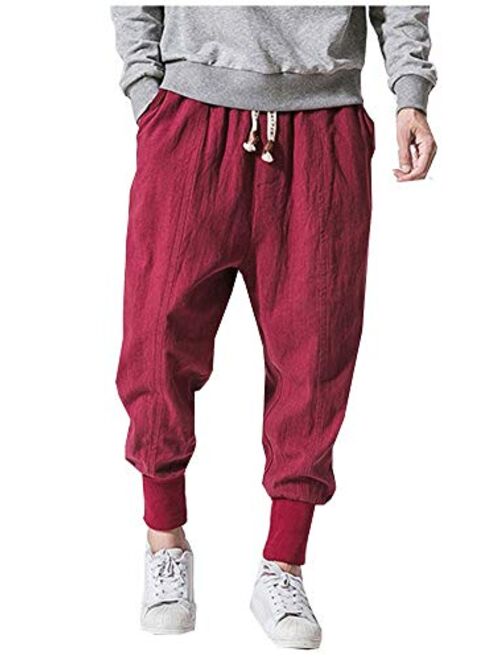 LifeHe Men Linen Drop Crotch Wide Leg Baggy Harem Pants