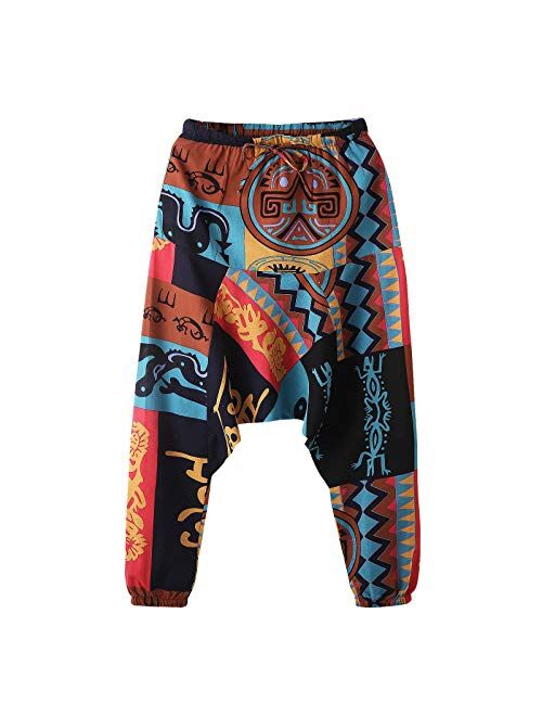 QNIHDRIZ Hippie Harem Pants for Men Cotton Linen Baggy Pants Wide Leg Pajama Pants Ethnic Style Casual Pants