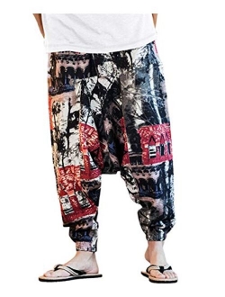 AITFINEISM Mens Cotton Baggy Hippie Boho Gypsy Aladdin Yoga Harem Pants