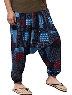 AITFINEISM Mens Cotton Baggy Hippie Boho Gypsy Aladdin Yoga Harem Pants