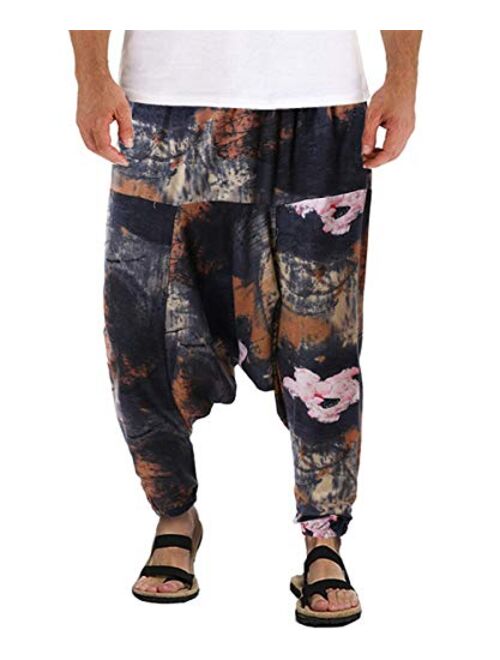 AITFINEISM Mens Cotton Baggy Hippie Boho Gypsy Aladdin Yoga Harem Pants