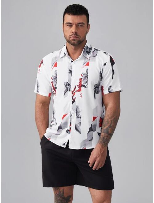 Shein Extended Sizes Men Striped & Floral Print Shirt & Drawstring Waist Shorts