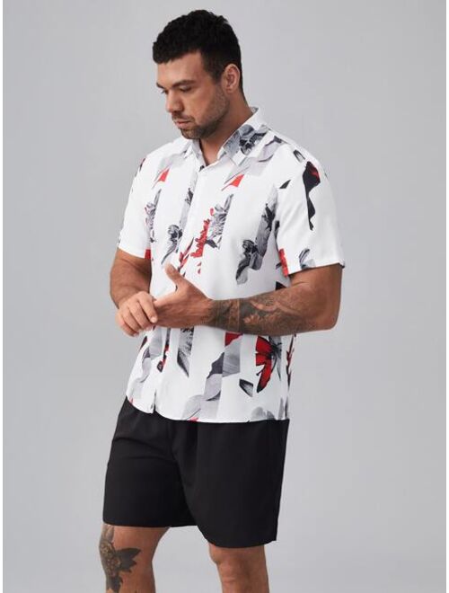 Shein Extended Sizes Men Striped & Floral Print Shirt & Drawstring Waist Shorts