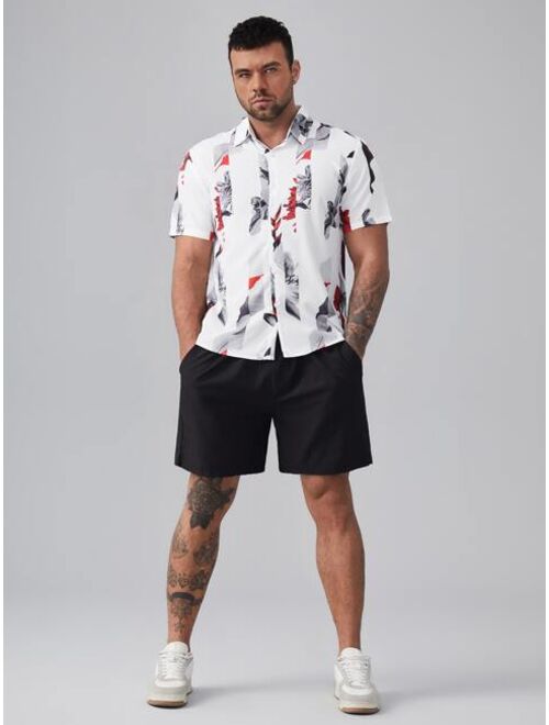 Shein Extended Sizes Men Striped & Floral Print Shirt & Drawstring Waist Shorts