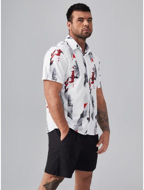 Shein Extended Sizes Men Striped & Floral Print Shirt & Drawstring Waist Shorts