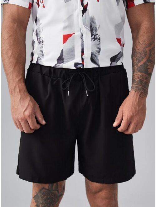 Shein Extended Sizes Men Striped & Floral Print Shirt & Drawstring Waist Shorts