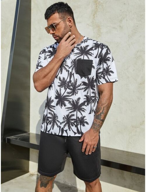 Shein Extended Sizes Men Tropical Print One Pocket Tee & Drawstring Waist Shorts