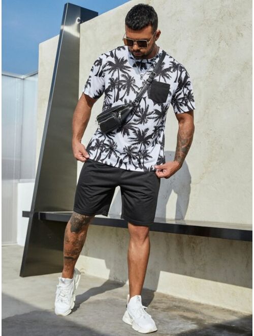 Shein Extended Sizes Men Tropical Print One Pocket Tee & Drawstring Waist Shorts